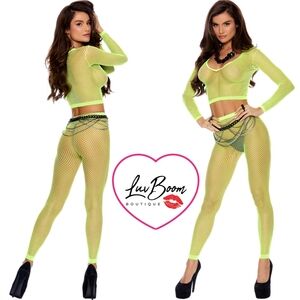 ‼️💌Funky Chartreuse Long Sleeve Diamond Net Top & Leggings Lingerie Set